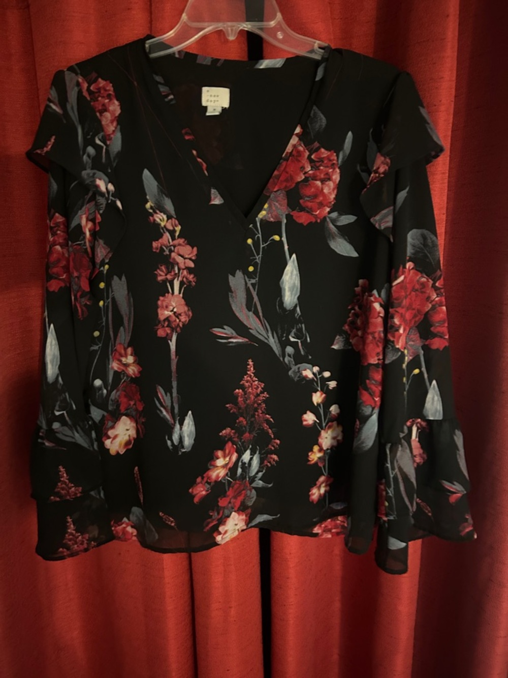 a new day Black Floral V-Neck Blouse with Red Rose Print